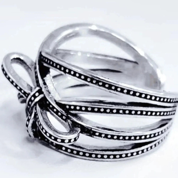 925 Sterling Silver Vintage Bow Ring Thick Chunky Silver Knot Ring - Picture 3 of 5